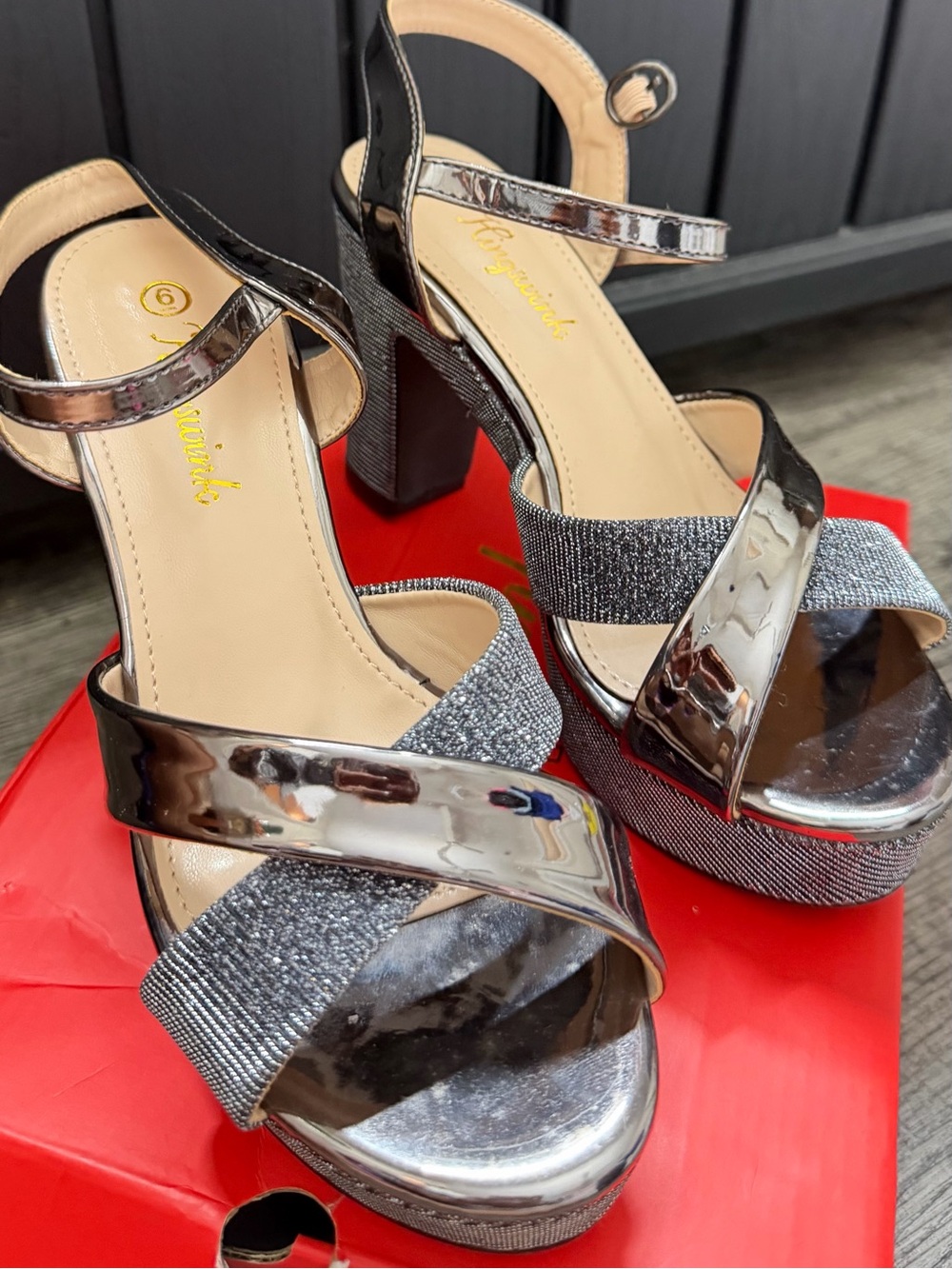 Amazon Metallic Black Platform Sandals with Sparkle Straps